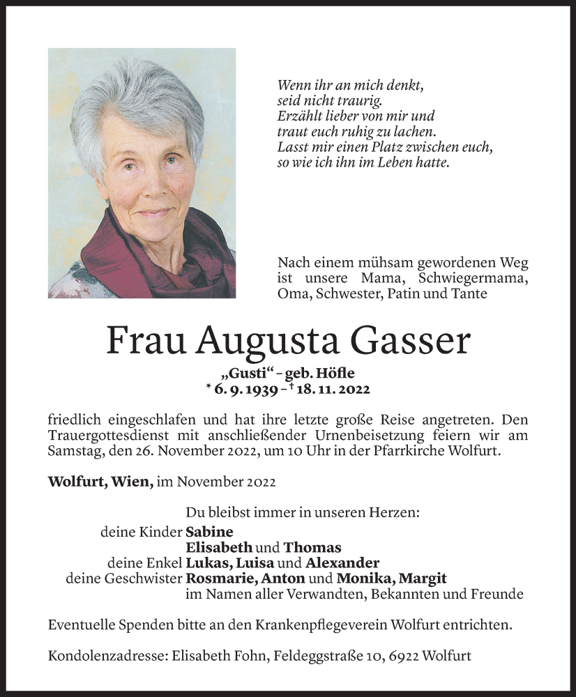  Todesanzeige für Augusta Gasser vom 24.11.2022 aus Vorarlberger Nachrichten