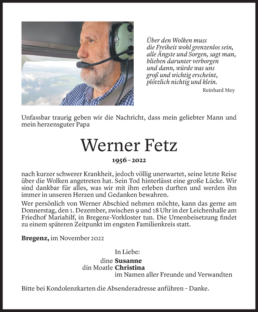  Todesanzeige für Werner Fetz vom 27.11.2022 aus Vorarlberger Nachrichten