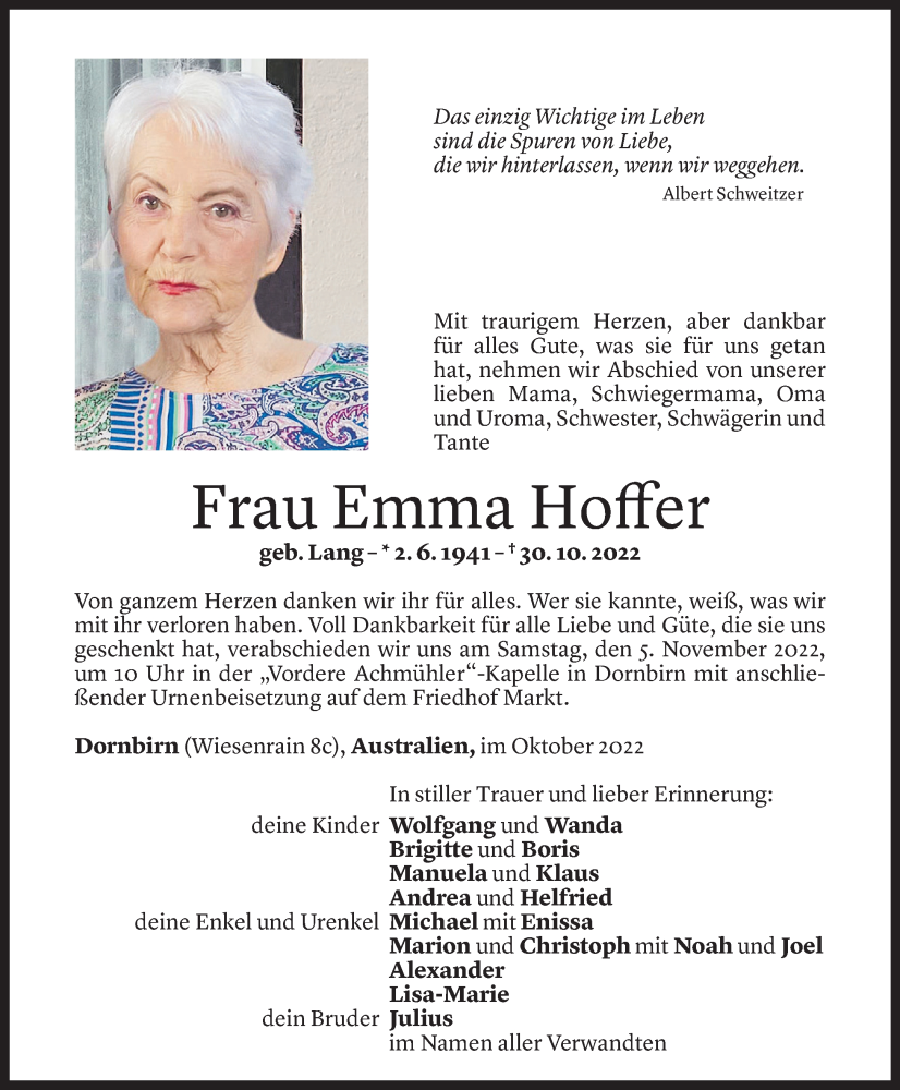  Todesanzeige für Emma Hoffer vom 02.11.2022 aus Vorarlberger Nachrichten