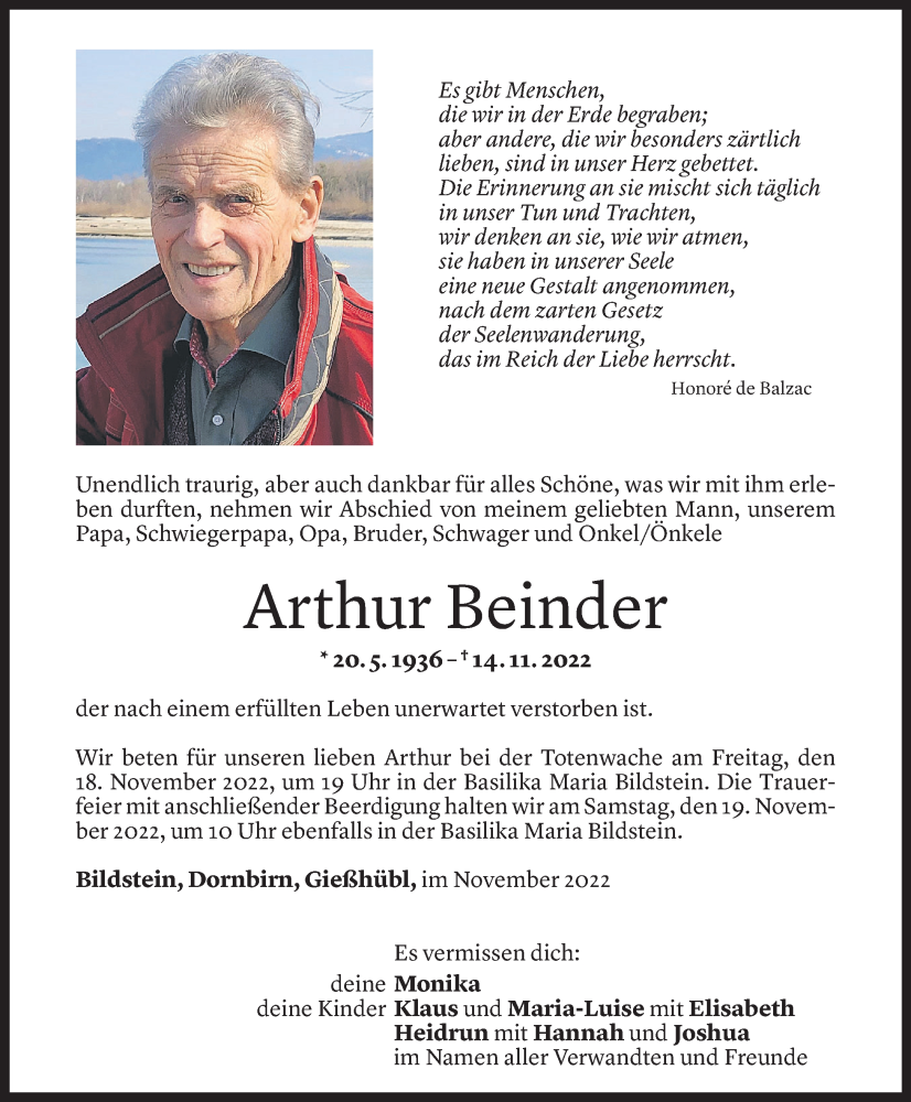  Todesanzeige für Arthur Beinder vom 17.11.2022 aus Vorarlberger Nachrichten