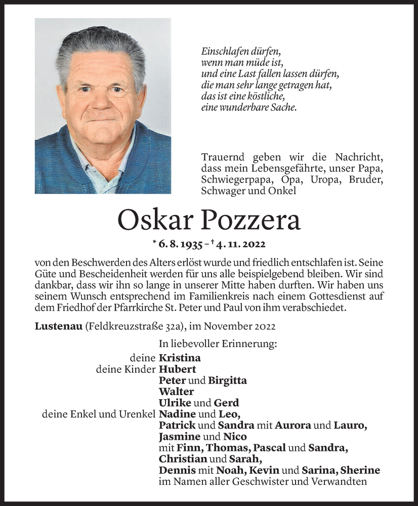  Todesanzeige für Oskar Pozzera vom 11.11.2022 aus Vorarlberger Nachrichten