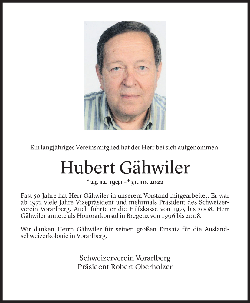  Todesanzeige für Hubert Gähwiler vom 04.11.2022 aus Vorarlberger Nachrichten