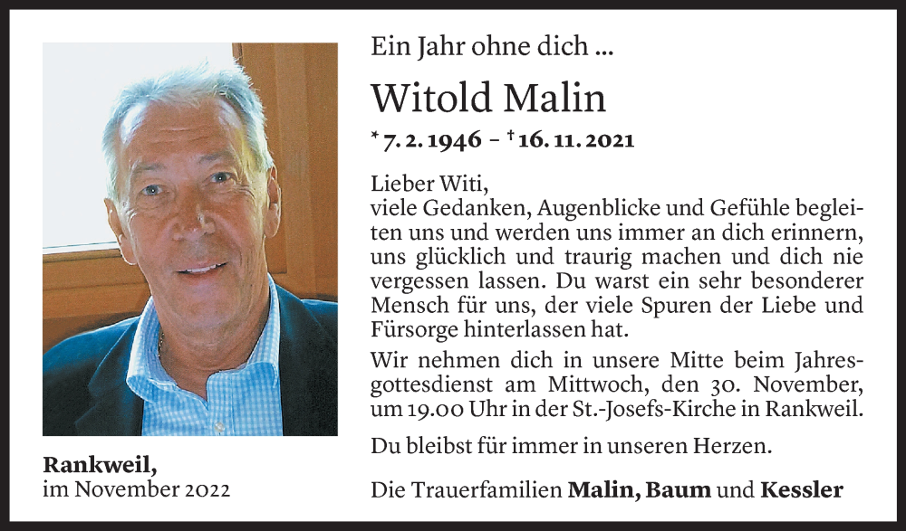  Todesanzeige für Witold Malin vom 26.11.2022 aus Vorarlberger Nachrichten