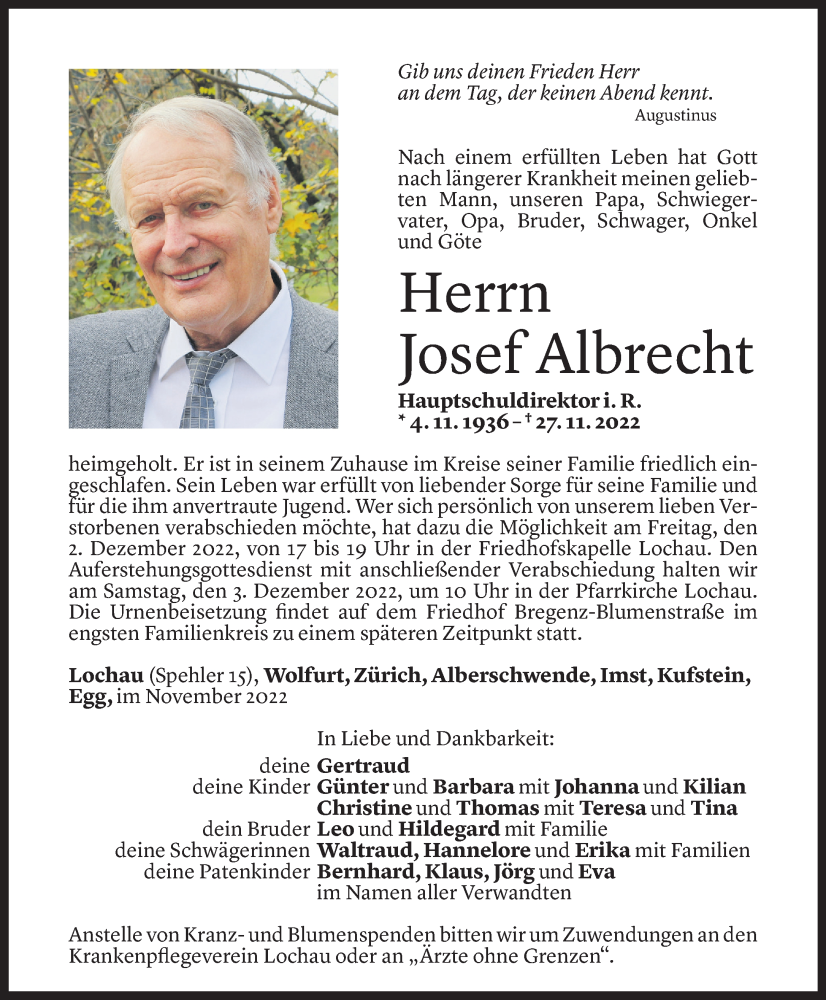  Todesanzeige für Josef Albrecht vom 29.11.2022 aus Vorarlberger Nachrichten