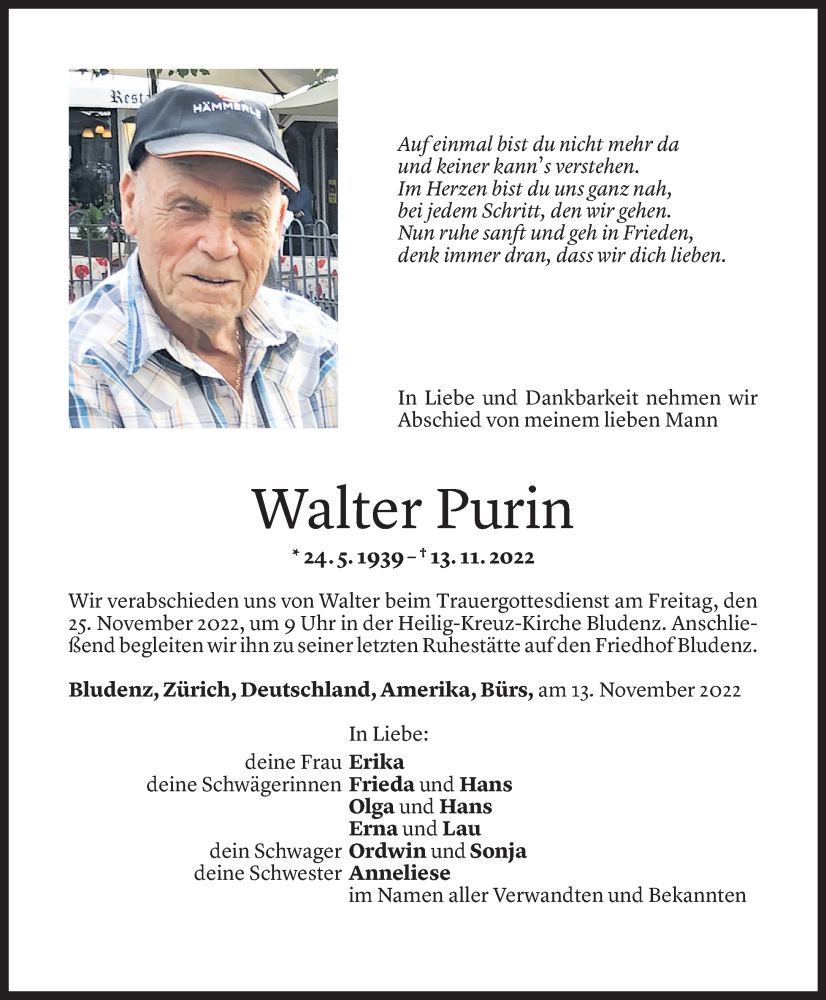  Todesanzeige für Walter Purin vom 23.11.2022 aus Vorarlberger Nachrichten