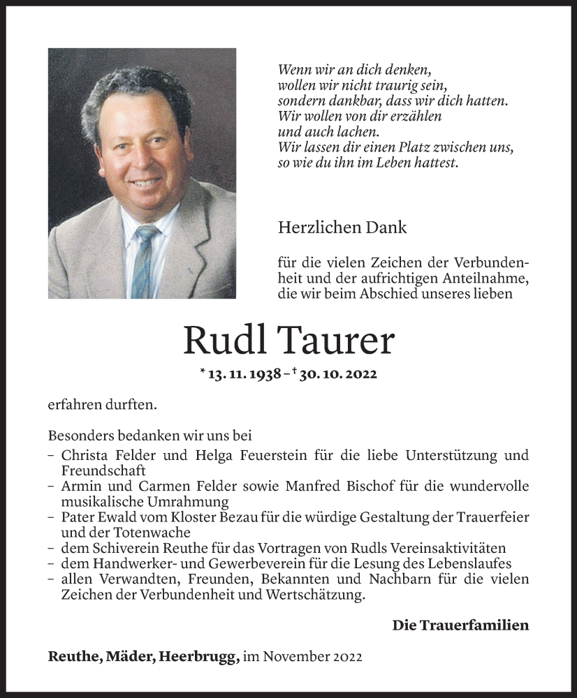  Todesanzeige für Rudl Taurer vom 24.11.2022 aus Vorarlberger Nachrichten