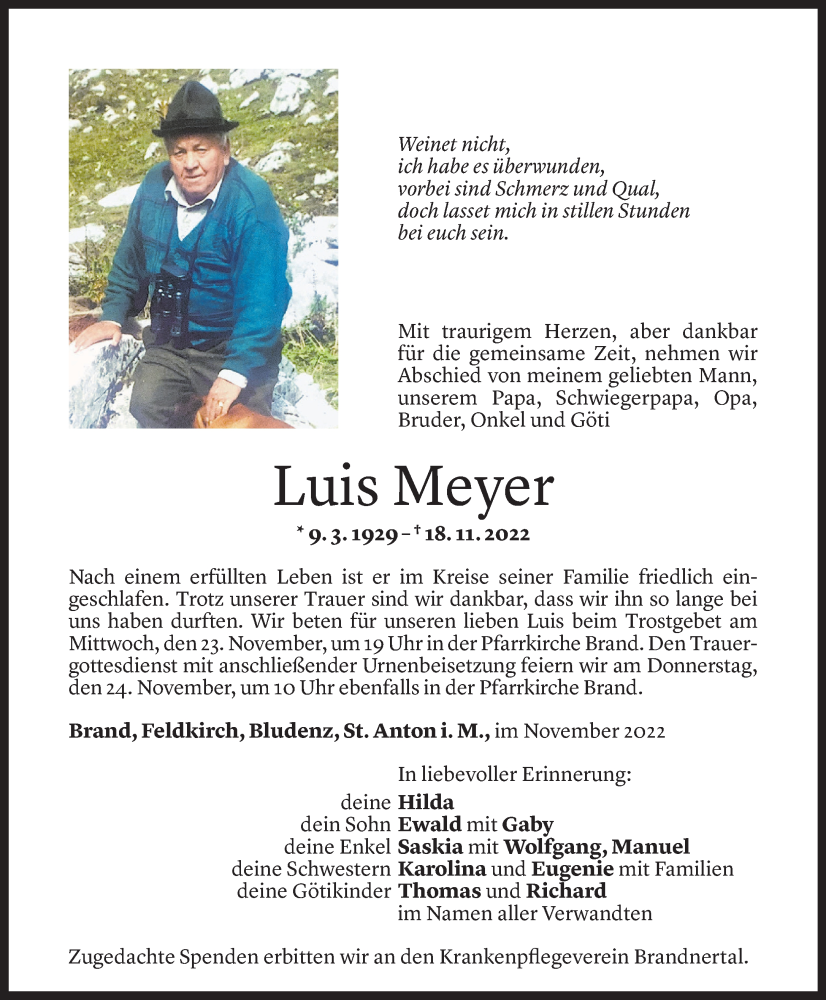  Todesanzeige für Luis Meyer vom 21.11.2022 aus Vorarlberger Nachrichten