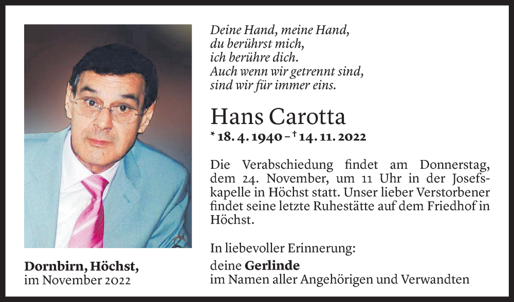  Todesanzeige für Hans Carotta vom 20.11.2022 aus Vorarlberger Nachrichten