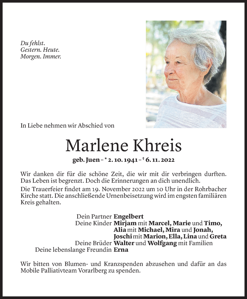  Todesanzeige für Marlene Khreis vom 11.11.2022 aus Vorarlberger Nachrichten