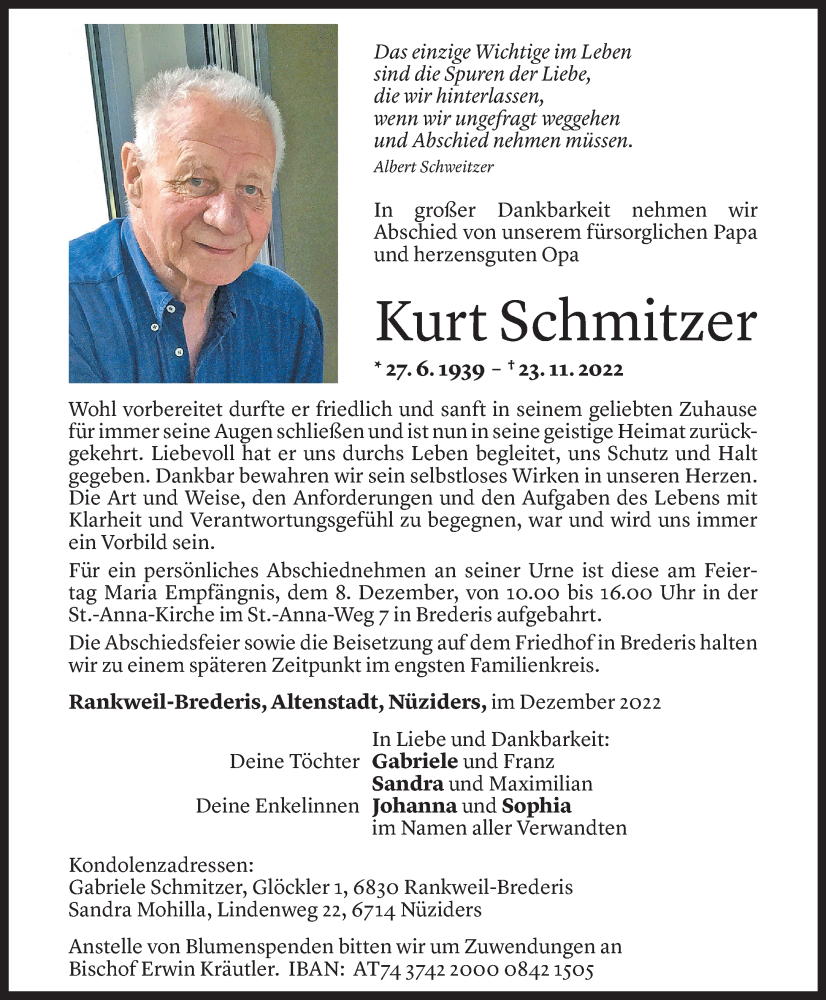  Todesanzeige für Kurt Schmitzer vom 05.12.2022 aus Vorarlberger Nachrichten