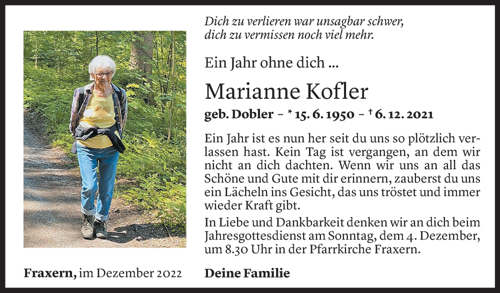  Todesanzeige für Marianne Kofler vom 01.12.2022 aus Vorarlberger Nachrichten