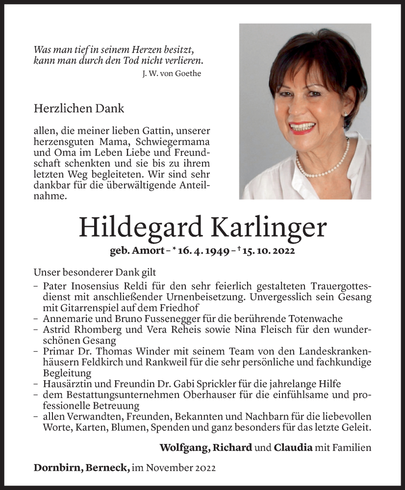 Todesanzeigen von Hildegard Karlinger | Todesanzeigen Vorarlberger ...