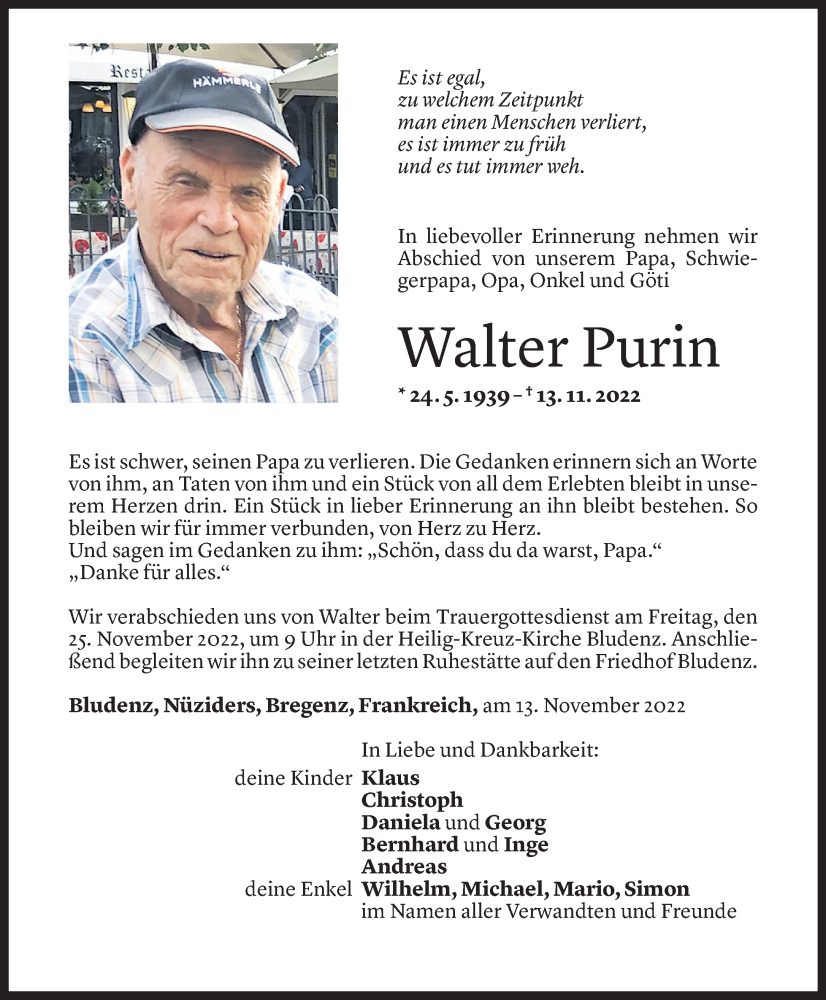 Todesanzeige für Walter Purin vom 23.11.2022 aus Vorarlberger Nachrichten