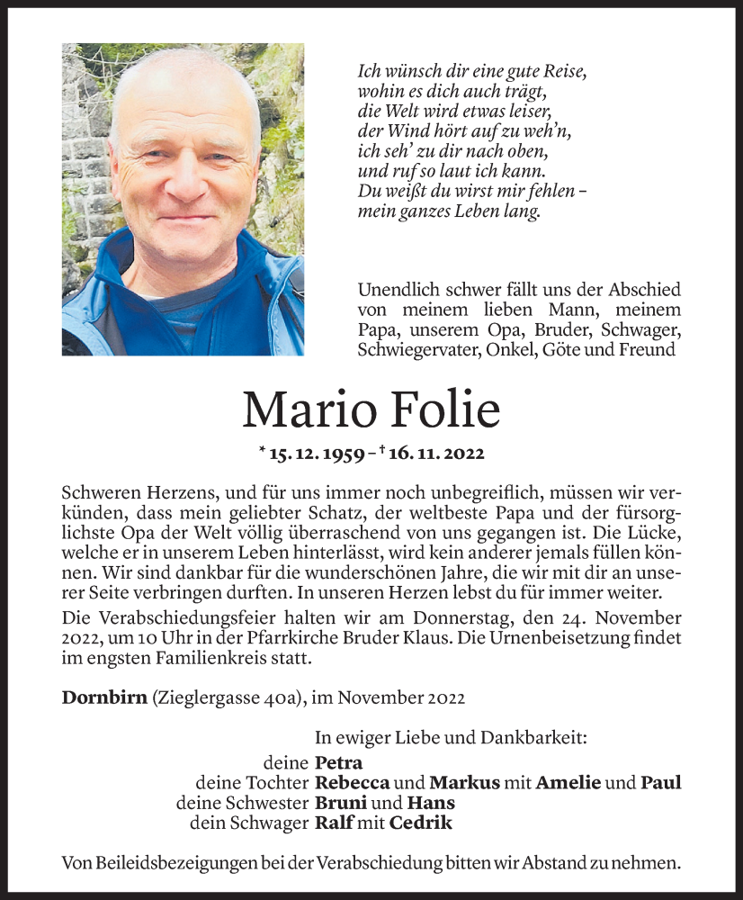  Todesanzeige für Mario Folie vom 20.11.2022 aus Vorarlberger Nachrichten
