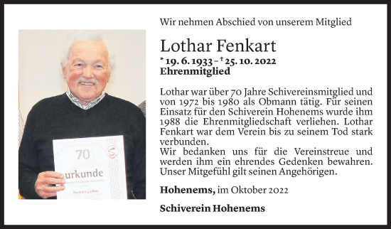 Todesanzeige von Lothar Fenkart von Vorarlberger Nachrichten