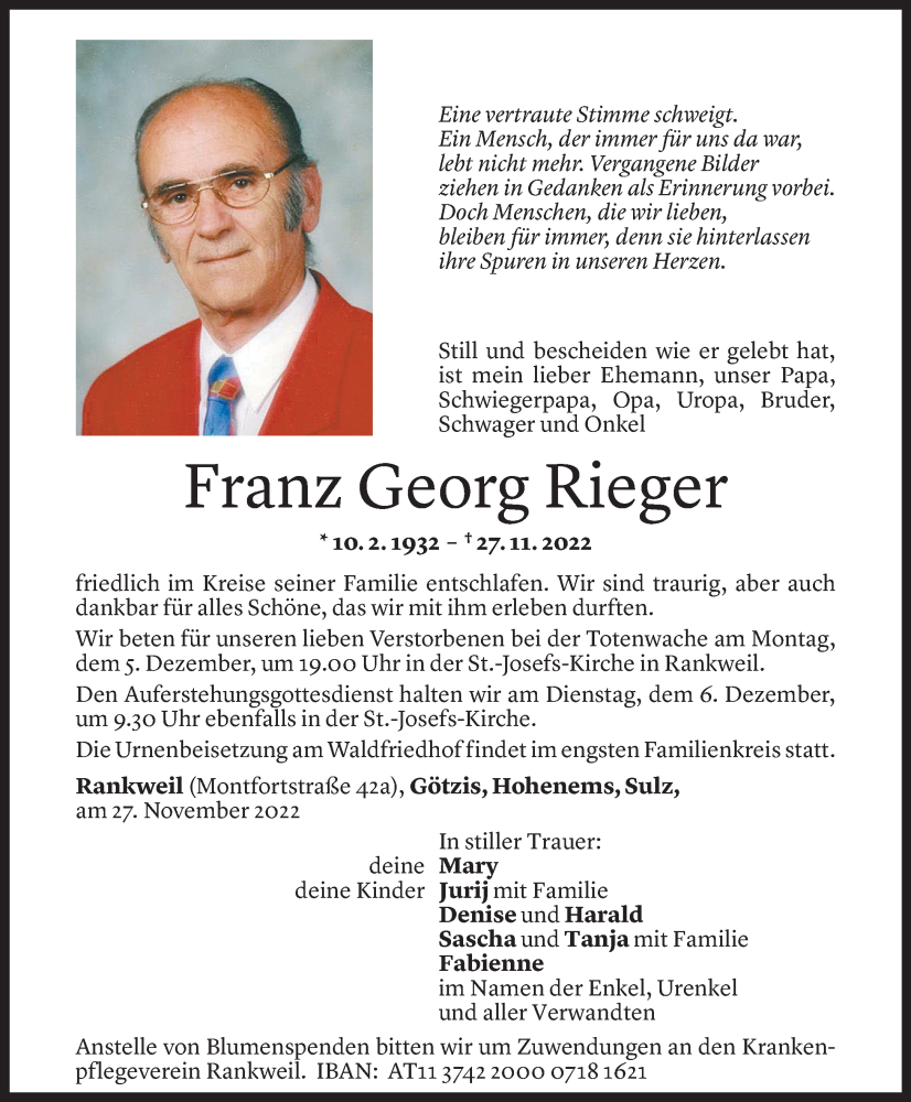  Todesanzeige für Franz Georg Rieger vom 02.12.2022 aus Vorarlberger Nachrichten