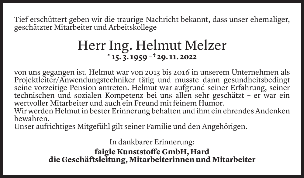  Todesanzeige für Helmut Melzer vom 30.11.2022 aus Vorarlberger Nachrichten