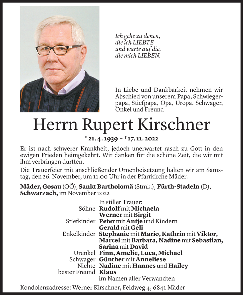  Todesanzeige für Rupert Kirschner vom 23.11.2022 aus Vorarlberger Nachrichten