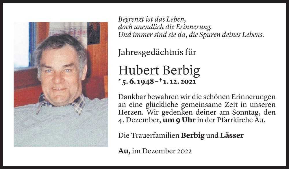  Todesanzeige für Hubert Berbig vom 30.11.2022 aus Vorarlberger Nachrichten