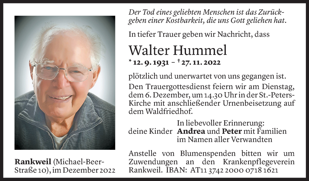  Todesanzeige für Walter Hummel vom 03.12.2022 aus Vorarlberger Nachrichten