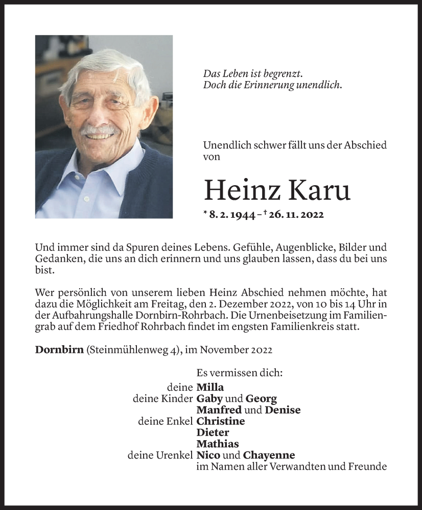  Todesanzeige für Heinz Karu vom 28.11.2022 aus Vorarlberger Nachrichten