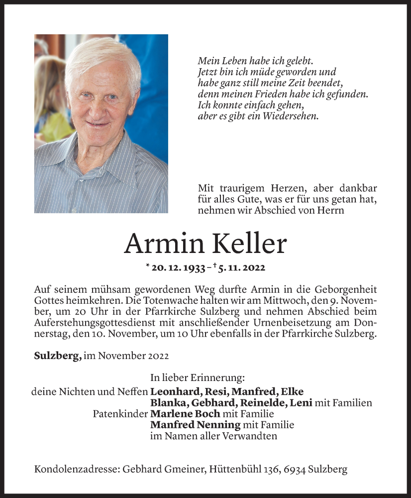  Todesanzeige für Armin Keller vom 07.11.2022 aus Vorarlberger Nachrichten