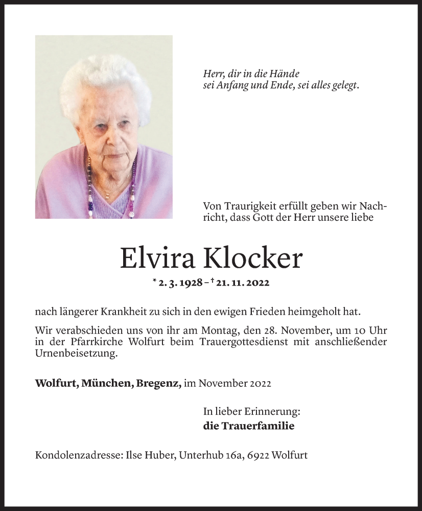  Todesanzeige für Elvira Klocker vom 23.11.2022 aus Vorarlberger Nachrichten