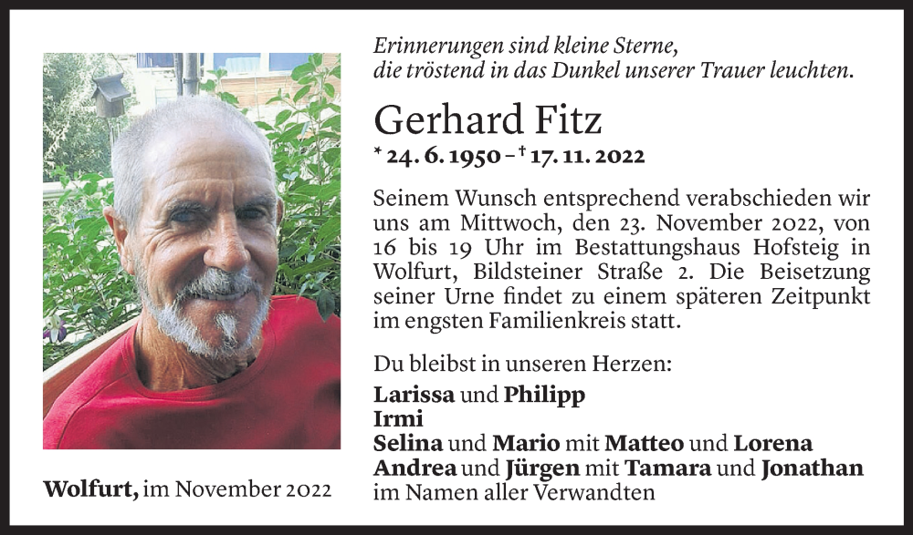  Todesanzeige für Gerhard Fitz vom 20.11.2022 aus Vorarlberger Nachrichten