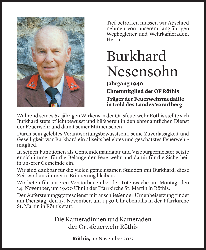  Todesanzeige für Burkhard Nesensohn vom 12.11.2022 aus Vorarlberger Nachrichten