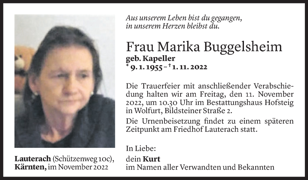  Todesanzeige für Marika Buggelsheim vom 09.11.2022 aus Vorarlberger Nachrichten
