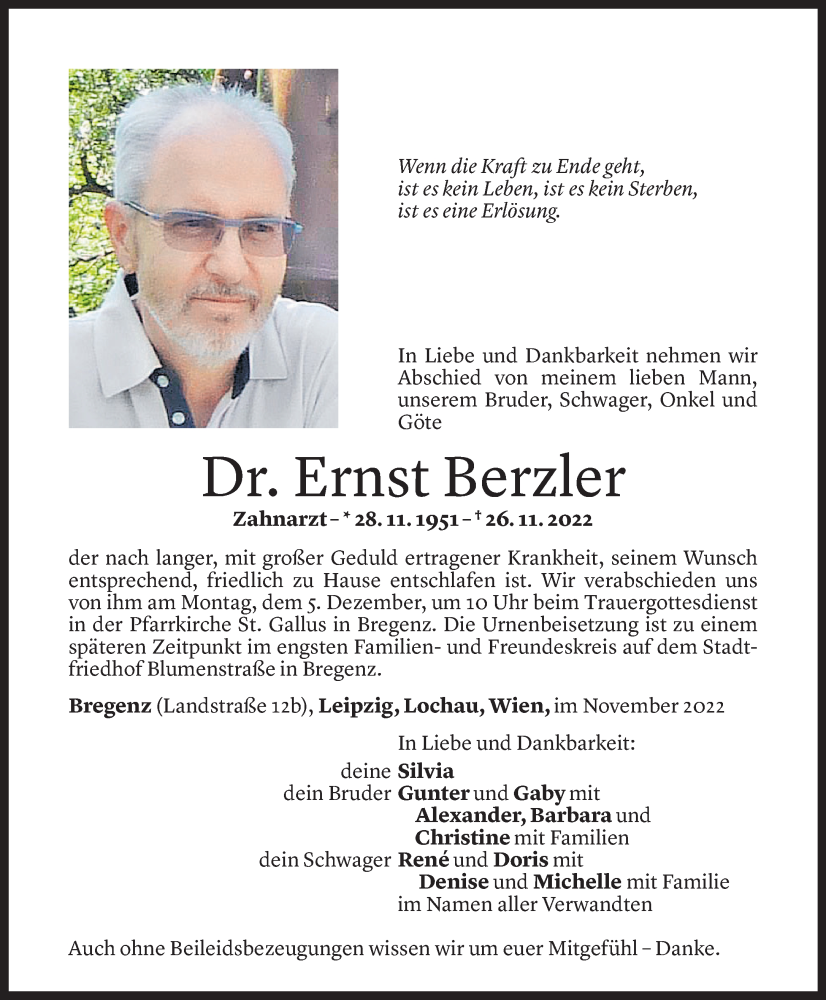  Todesanzeige für Ernst Berzler vom 30.11.2022 aus Vorarlberger Nachrichten