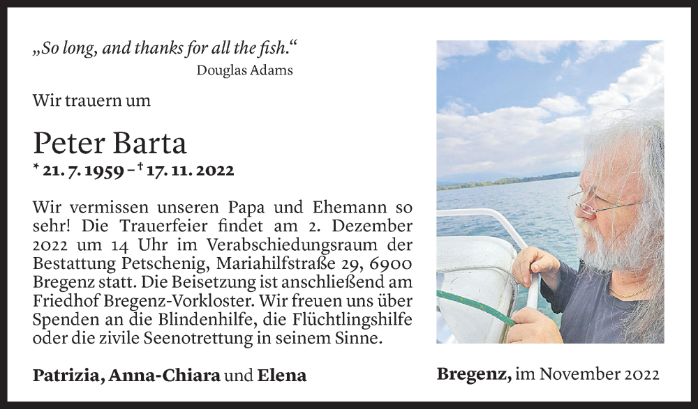  Todesanzeige für Peter Barta vom 25.11.2022 aus Vorarlberger Nachrichten