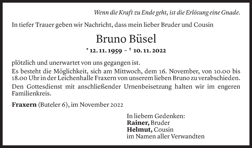  Todesanzeige für Bruno Büsel vom 14.11.2022 aus Vorarlberger Nachrichten