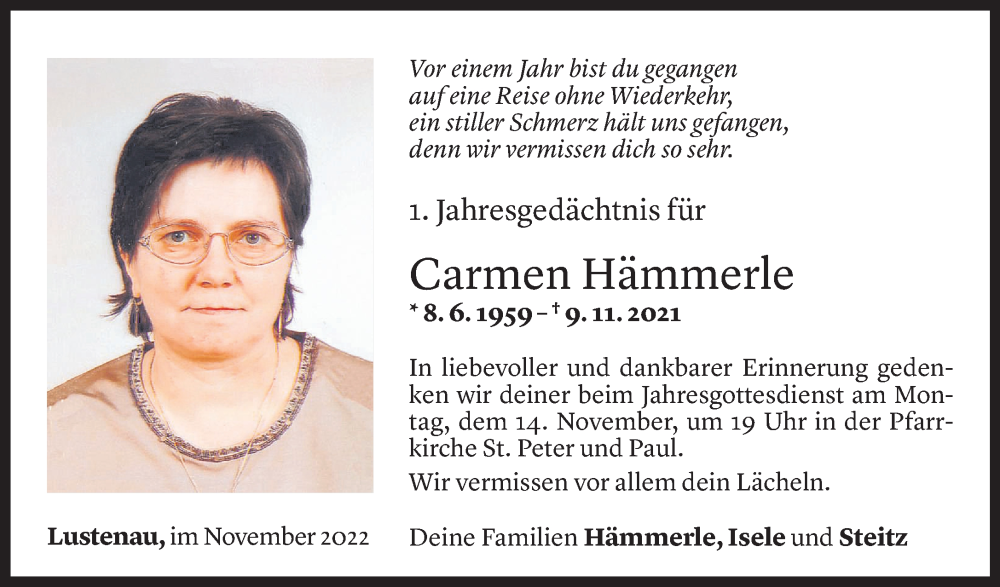  Todesanzeige für Carmen Hämmerle vom 08.11.2022 aus Vorarlberger Nachrichten