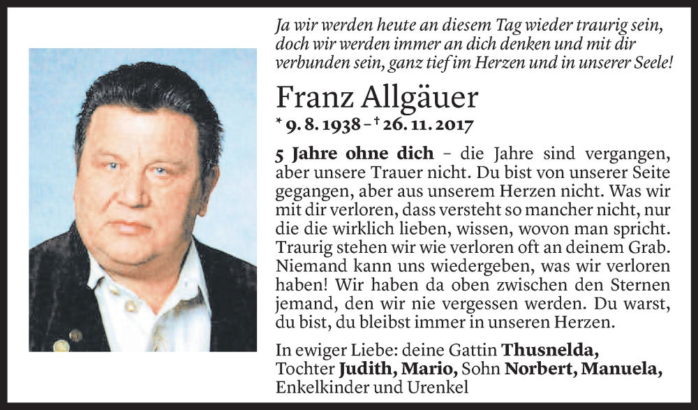  Todesanzeige für Franz Allgäuer vom 25.11.2022 aus Vorarlberger Nachrichten