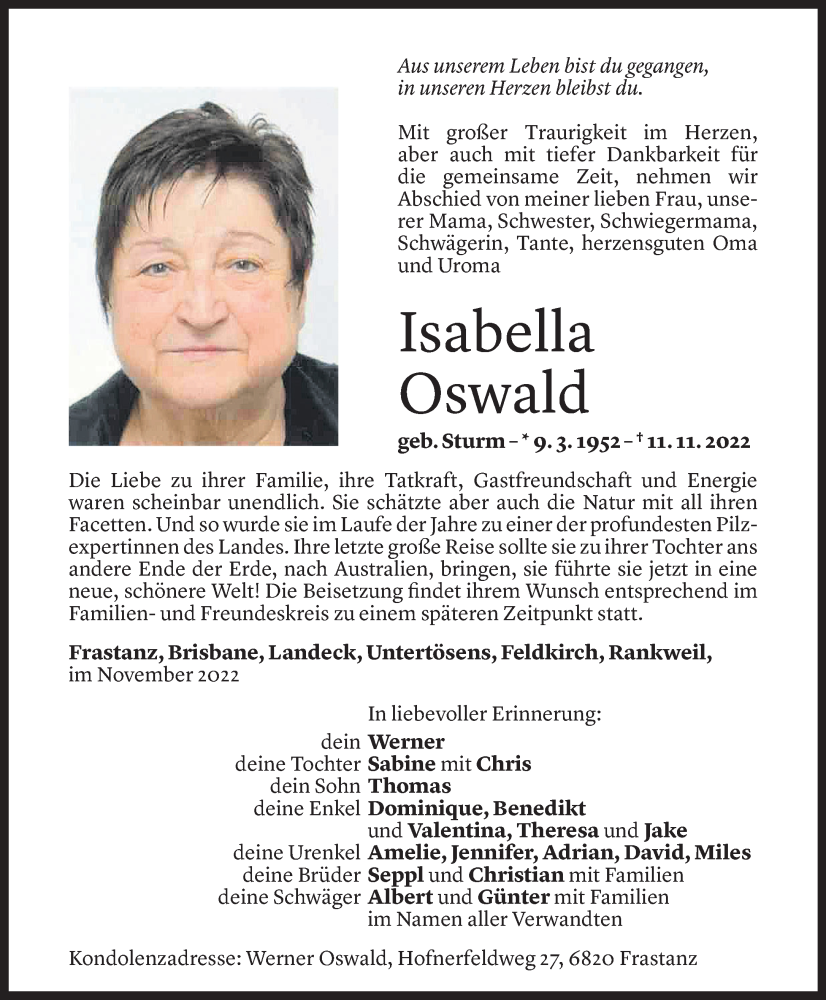  Todesanzeige für Isabella Oswald vom 23.11.2022 aus Vorarlberger Nachrichten