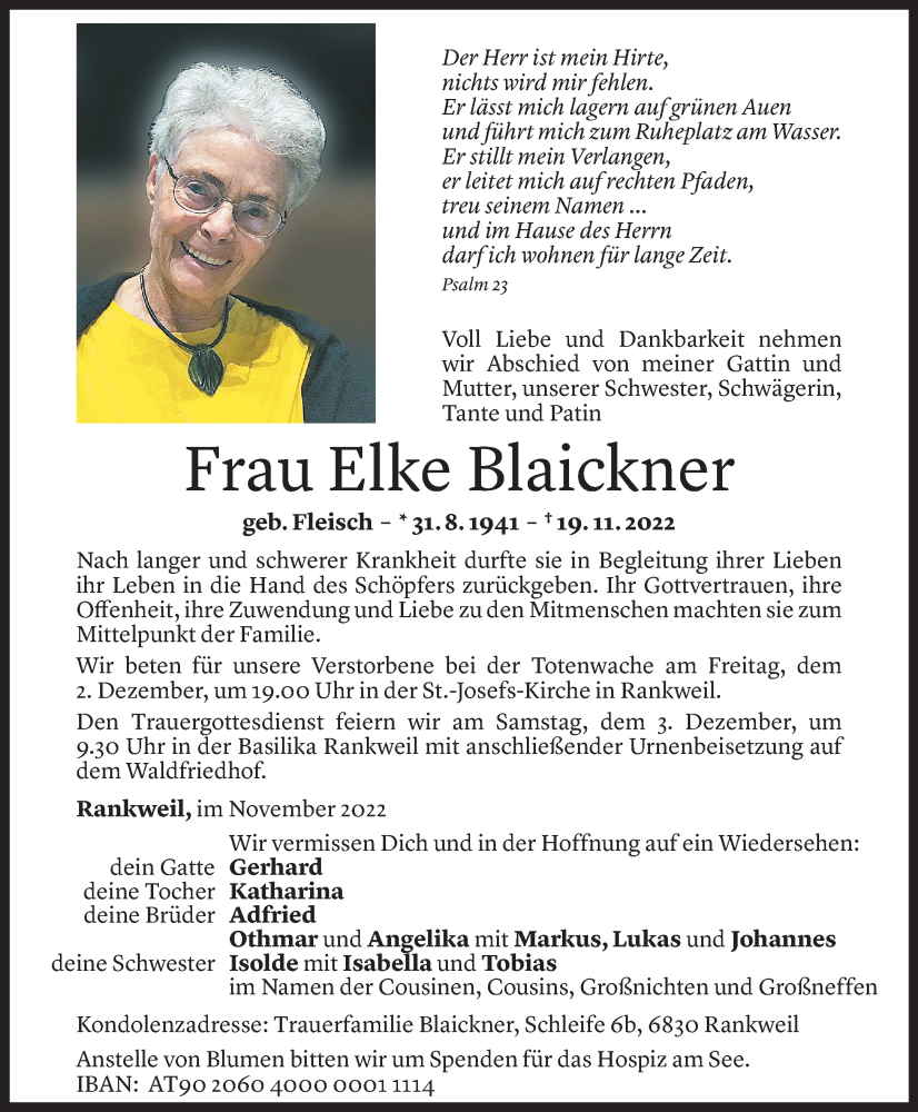  Todesanzeige für Elke Blaickner vom 26.11.2022 aus Vorarlberger Nachrichten
