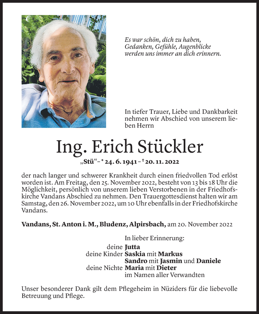  Todesanzeige für Erich Stückler vom 24.11.2022 aus Vorarlberger Nachrichten