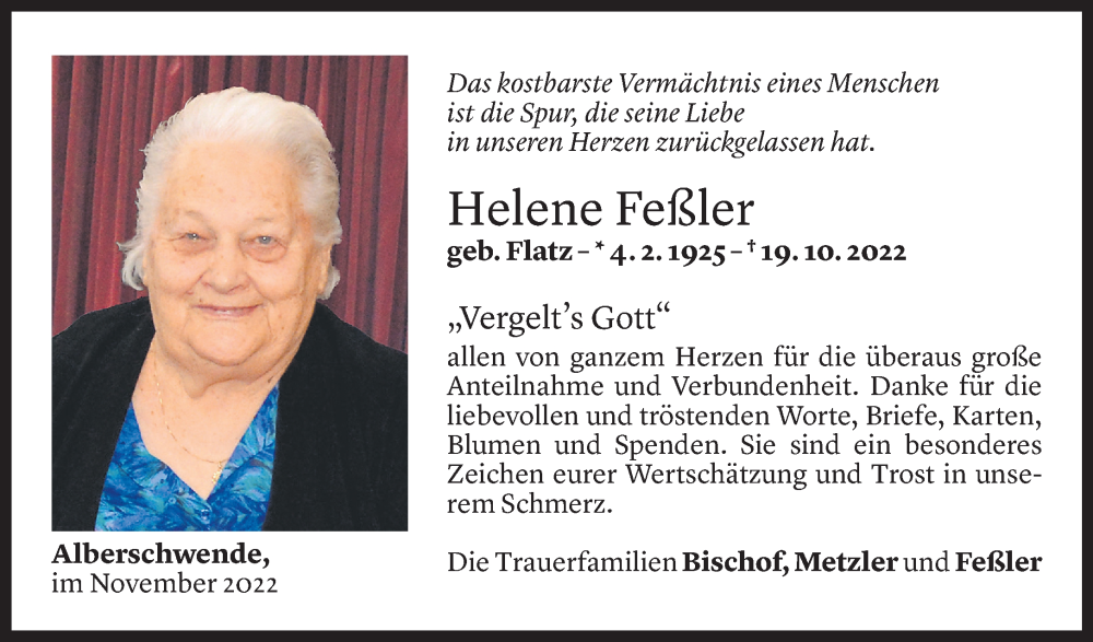  Todesanzeige für Helene Feßler vom 25.11.2022 aus Vorarlberger Nachrichten