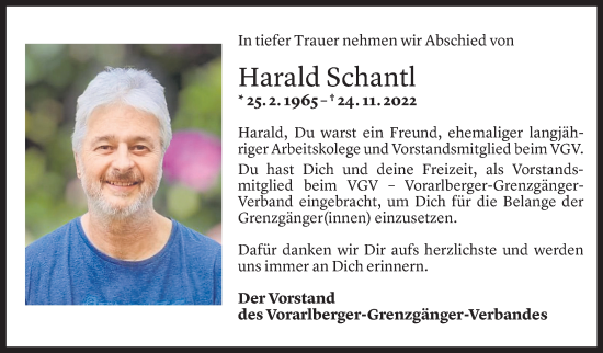 Todesanzeige von Harald Schantl von Vorarlberger Nachrichten