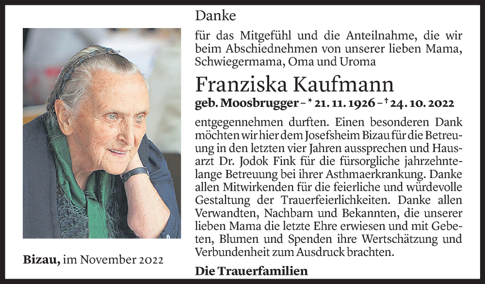  Todesanzeige für Franziska Kaufmann vom 24.11.2022 aus Vorarlberger Nachrichten