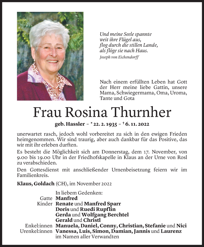  Todesanzeige für Rosina Thurnher vom 15.11.2022 aus Vorarlberger Nachrichten