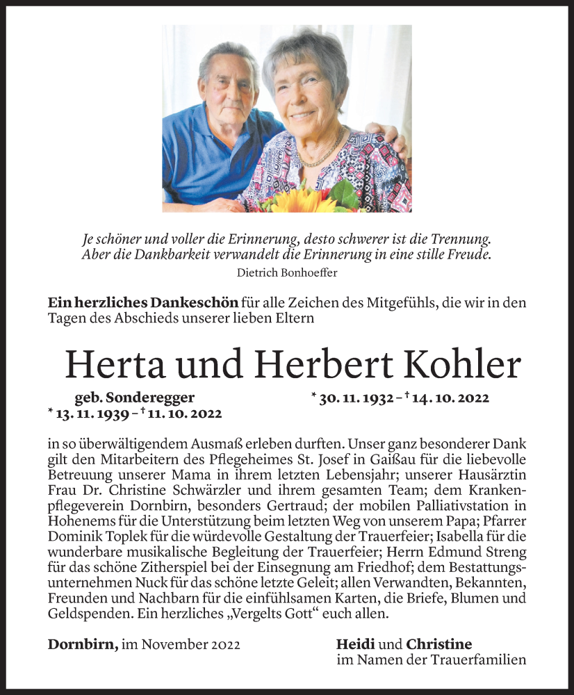  Todesanzeige für Herta und Herbert Kohler vom 11.11.2022 aus Vorarlberger Nachrichten