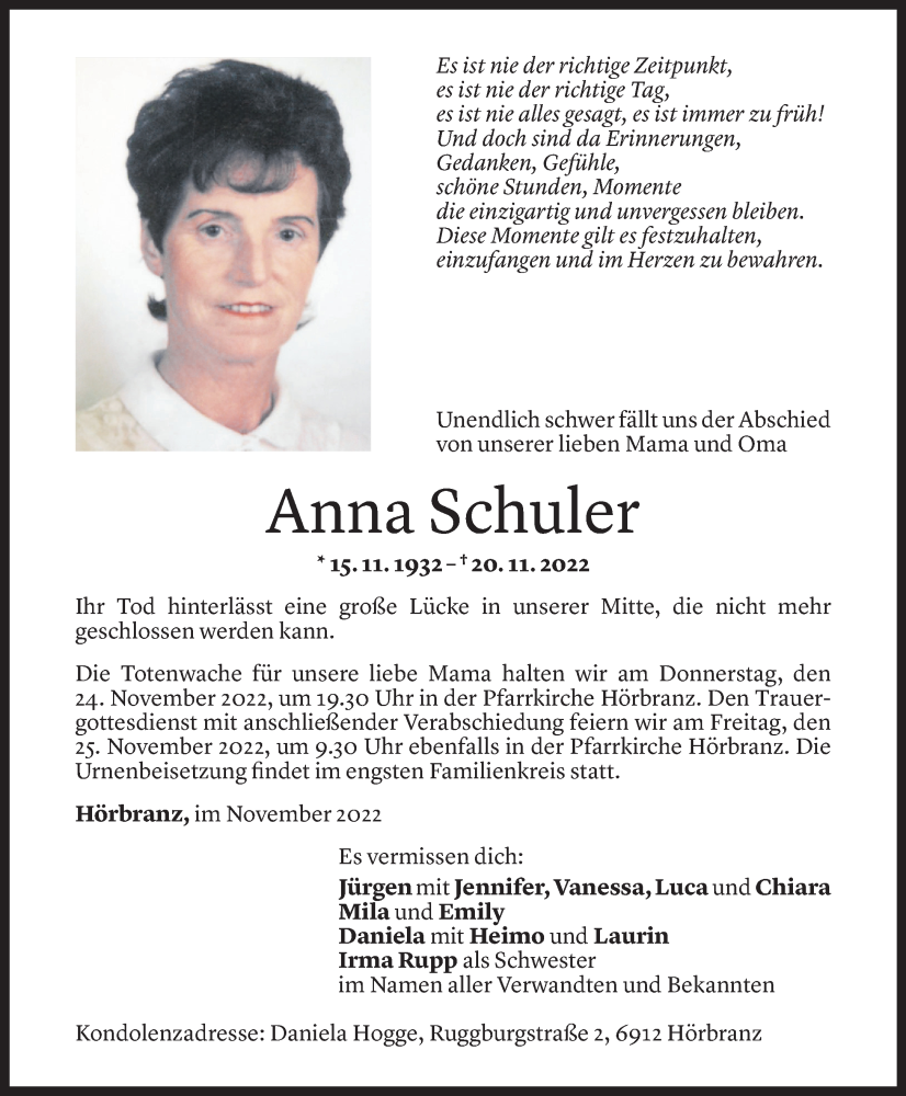  Todesanzeige für Anna Schuler vom 22.11.2022 aus Vorarlberger Nachrichten