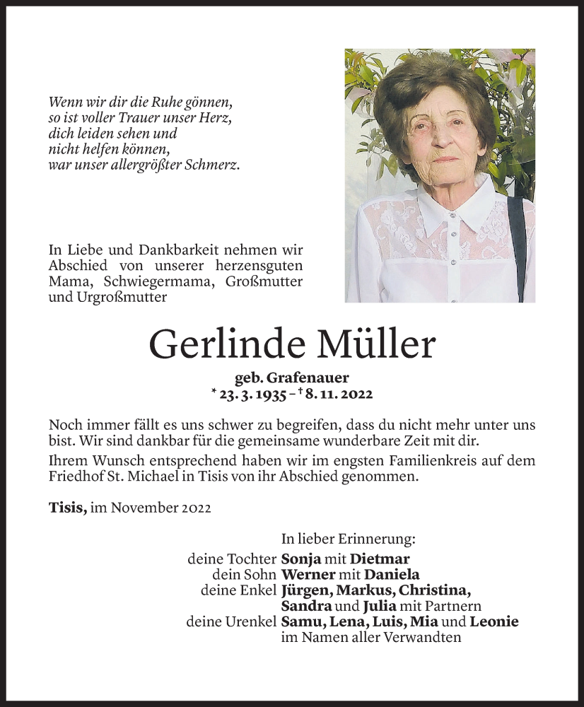  Todesanzeige für Gerlinde Müller vom 23.11.2022 aus Vorarlberger Nachrichten