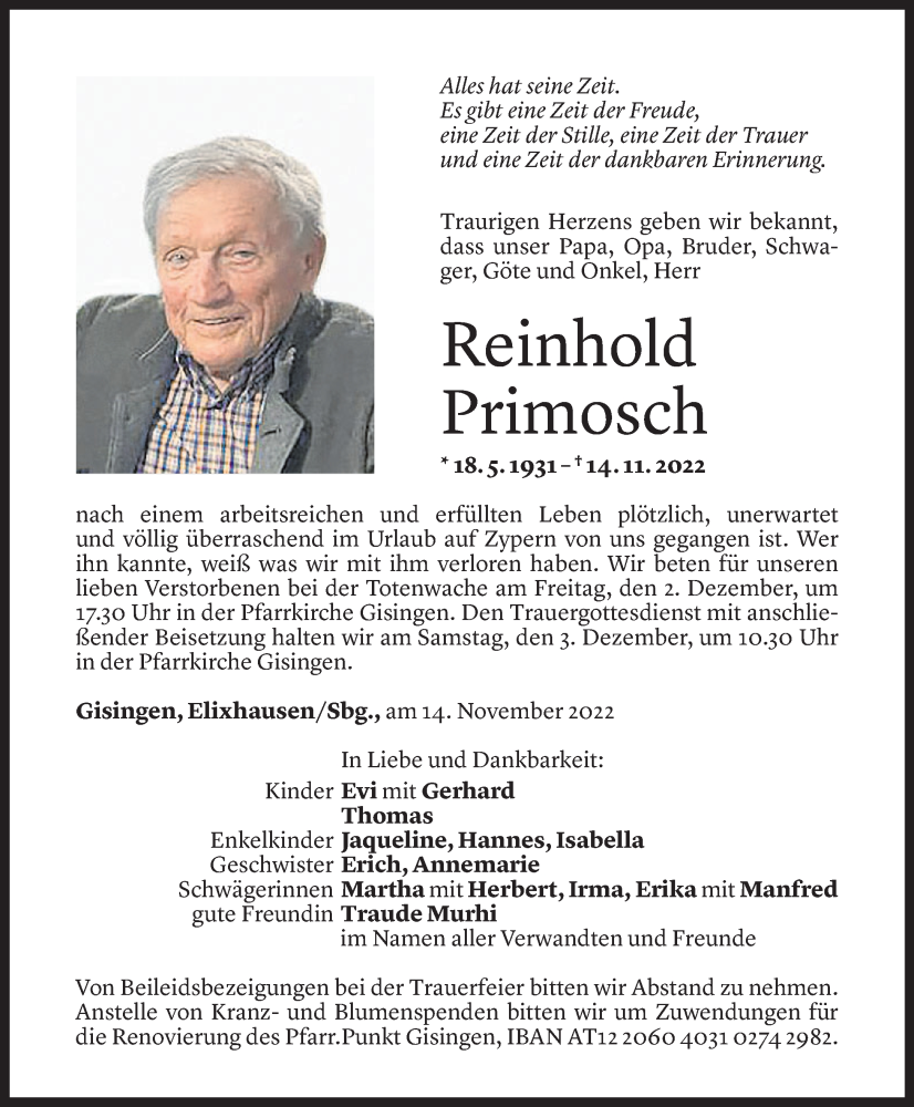  Todesanzeige für Reinhold Primosch vom 25.11.2022 aus Vorarlberger Nachrichten
