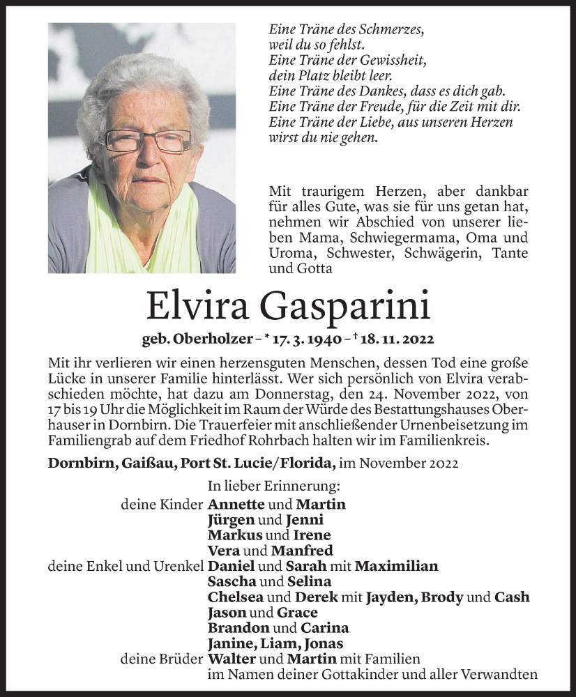  Todesanzeige für Elvira Gasparini vom 21.11.2022 aus Vorarlberger Nachrichten