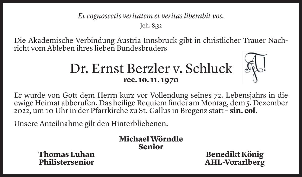 Todesanzeige für Ernst Berzler vom 30.11.2022 aus Vorarlberger Nachrichten