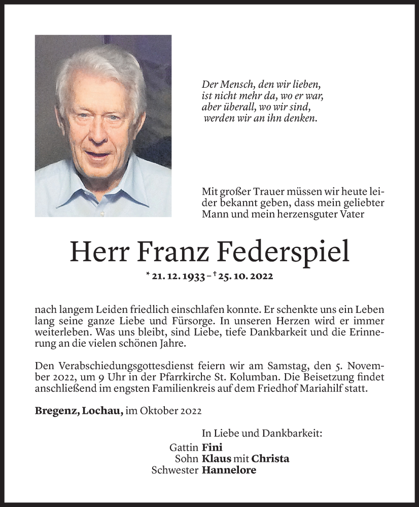  Todesanzeige für Franz Federspiel vom 03.11.2022 aus Vorarlberger Nachrichten