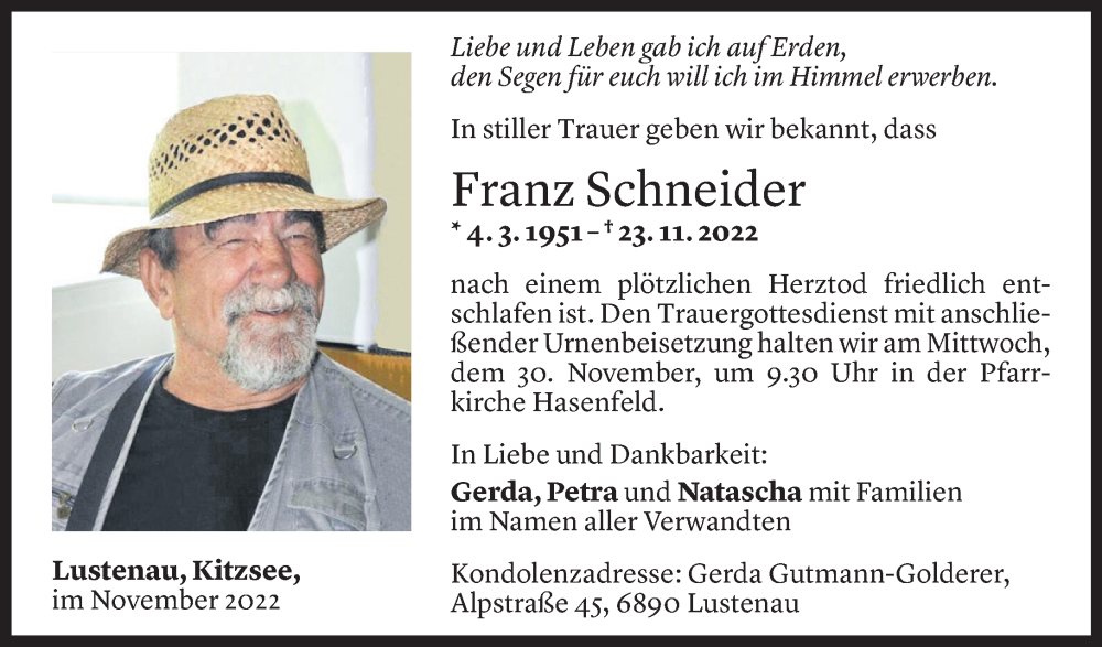  Todesanzeige für Franz Schneider vom 27.11.2022 aus Vorarlberger Nachrichten